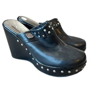 Harley Davidson Coral 4 Inch Studded Clogs Black Leather Wedges Womens 8.5